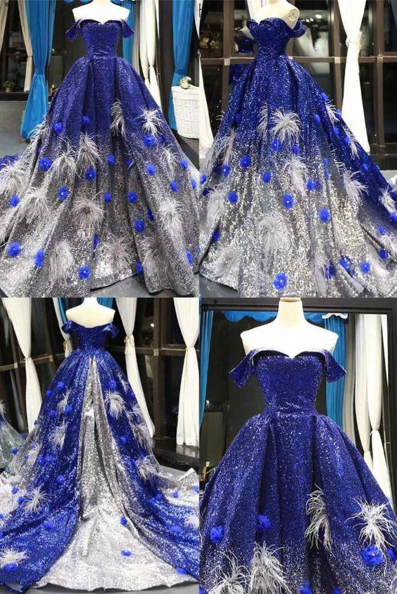 Abito da sera blu reale con spalle scoperte, gonna a palloncino, ricamato con paillettes, taglia comoda, abito formale S20992