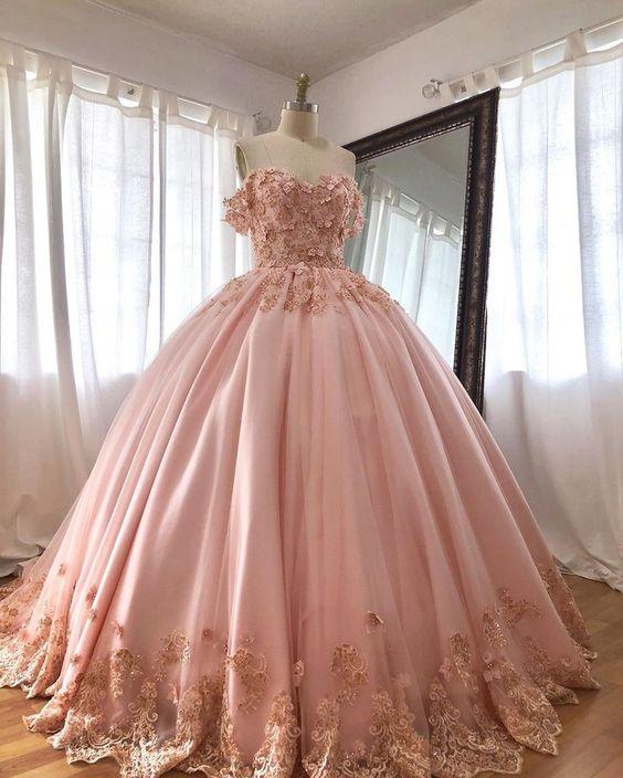 Abiti da ballo lunghi rosa con pizzo ricamato per Quinceañera Abiti da sera S15407