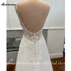 Custom Boho Chiffon Wedding Dress Long Open Back V Neck Lace Appliques Gown
