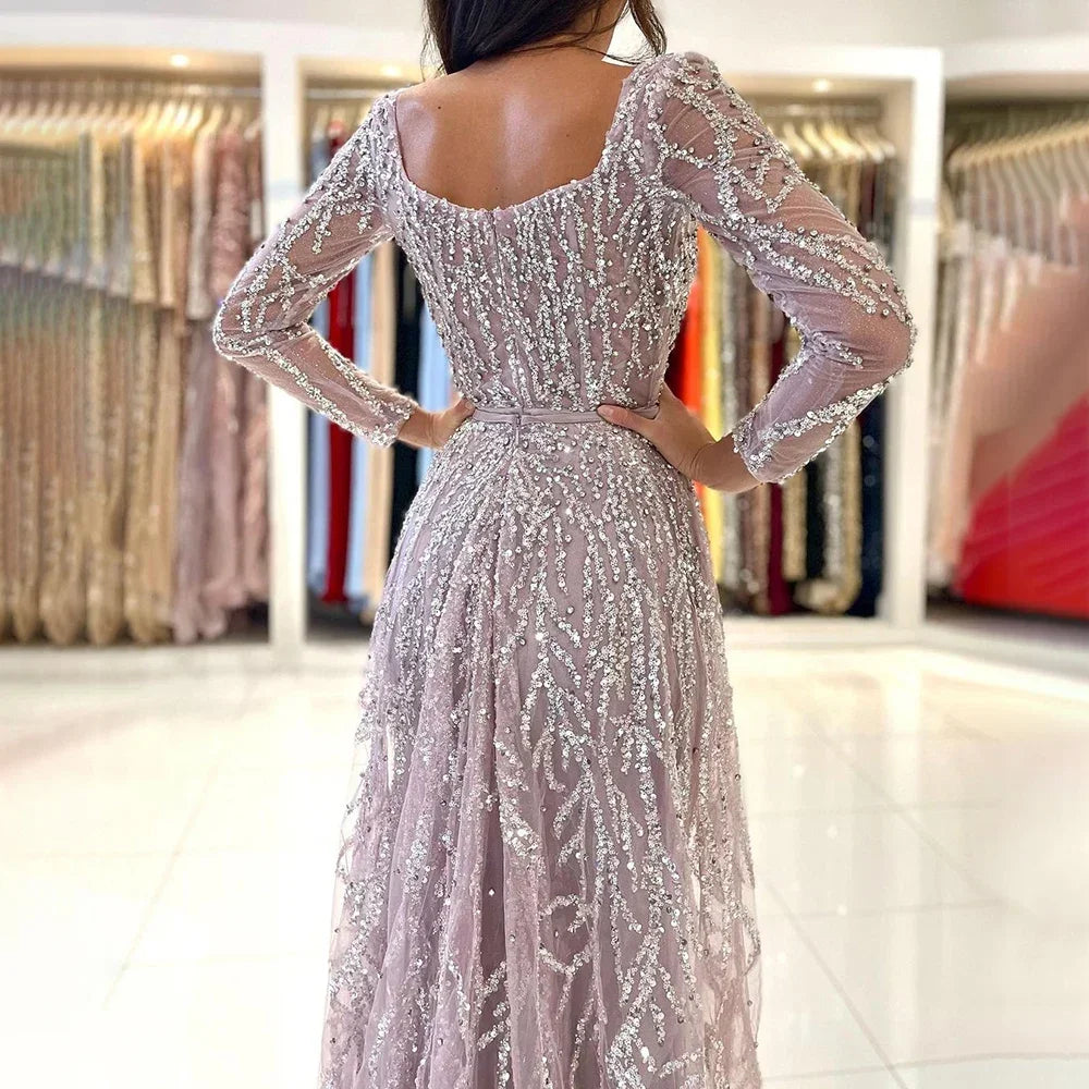 Serene Hill Pink Mermaid Long Sleeve Beaded Two Piece Evening Party Gown