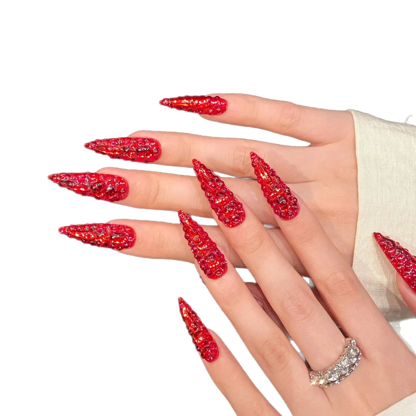 10 uñas postizas de lujo con brillantes y diamantes de imitación, hechas a mano, color rojo, largas, de cobertura completa, estilo Y2k, para verano. 