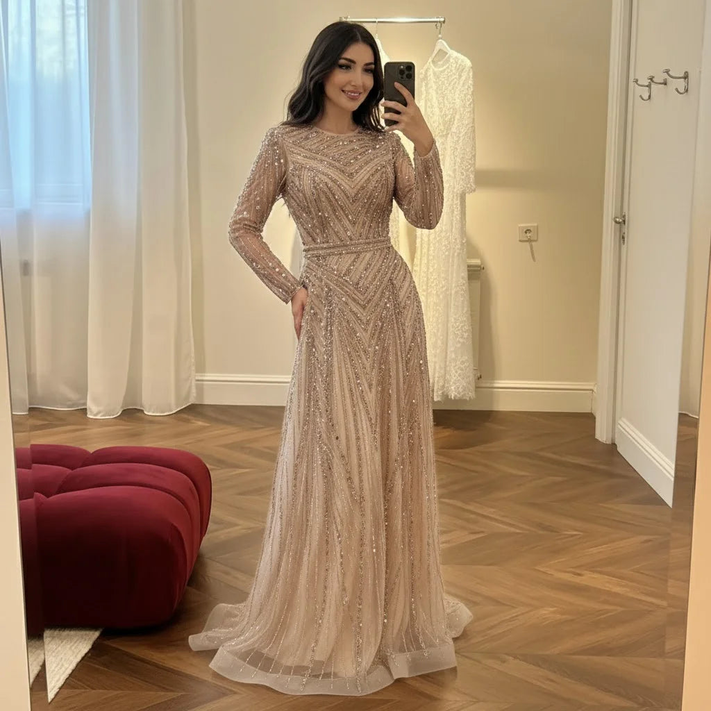 Custom Nude Crew Neck Beaded A Line Evening Dress For Women