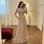 Custom Nude Crew Neck Beaded A Line Evening Dress For Women