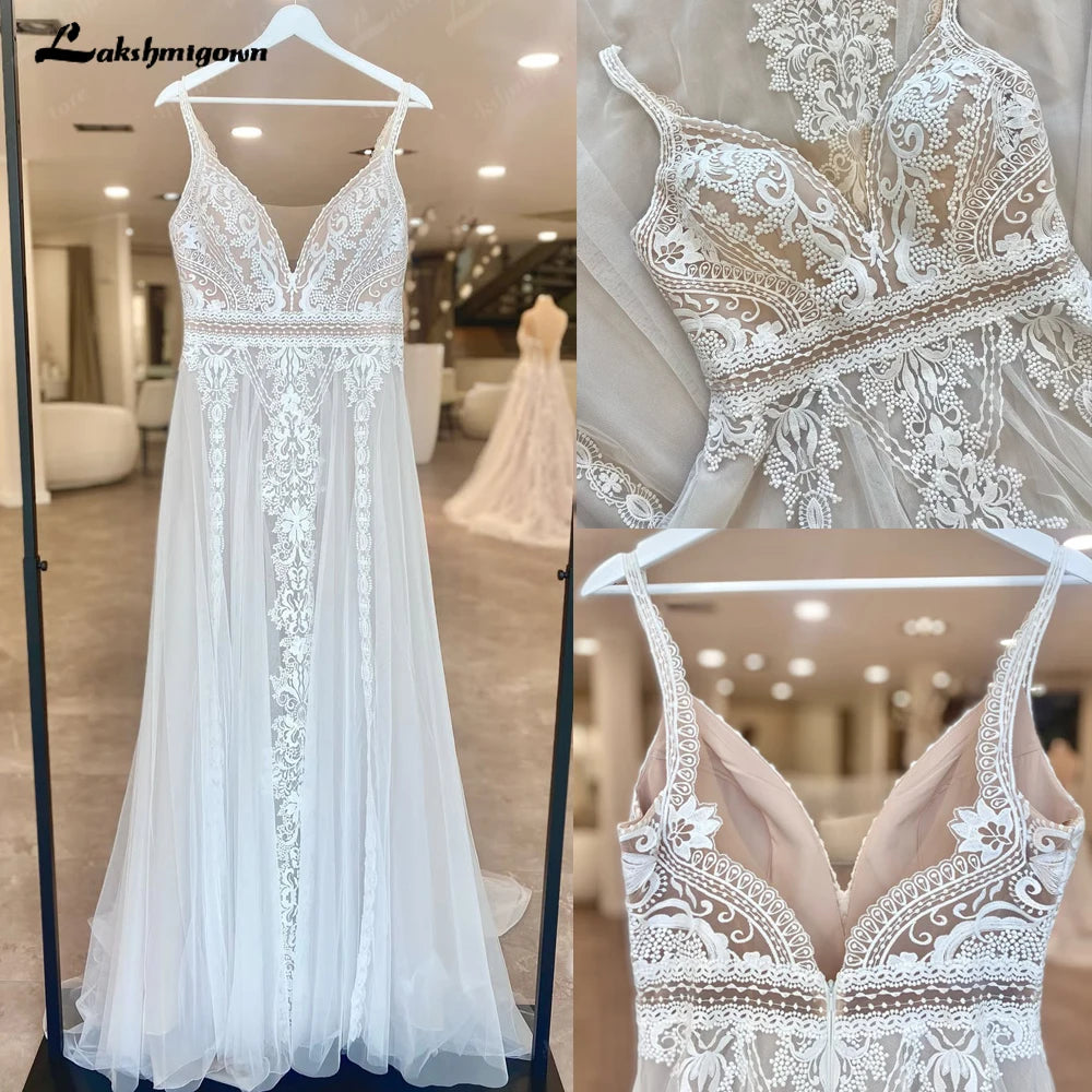 Custom Boho Lace Beach Wedding Dress V Neck Open Back Spaghetti Straps Gown