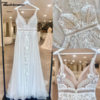Custom Boho Lace Beach Wedding Dress V Neck Open Back Spaghetti Straps Gown