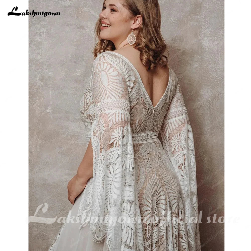 Bohemian Boho Wedding Dress Lace Chiffon Long Sleeve V Neck Plus Size Gown