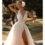 Romantic Deep V Neck Custom Bridal Gown With Floral Lace Sweep Train