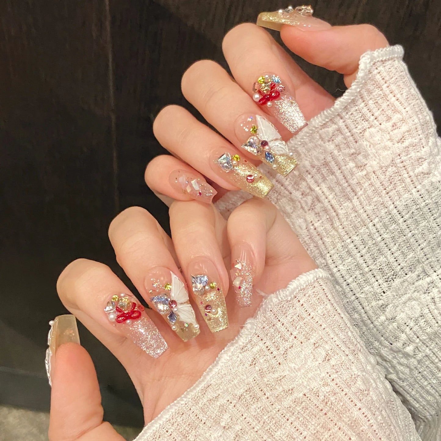 10 uñas postizas de dopamina hechas a mano con diseño de mariposa transparente, con destellos dorados y rosas, con prensa francesa, de diamante y ojo de gato. 