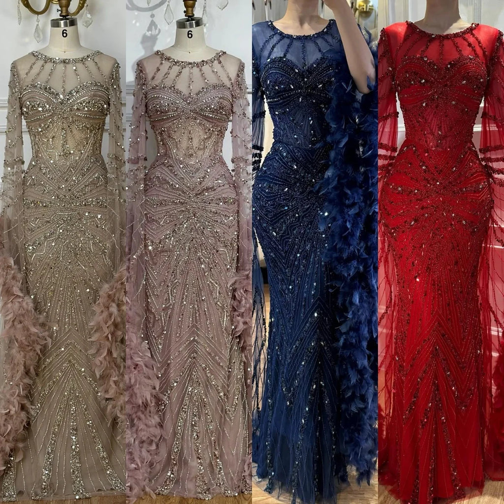 Pink Beaded Mermaid Evening Gown With Feathers Luxury Custom Dress