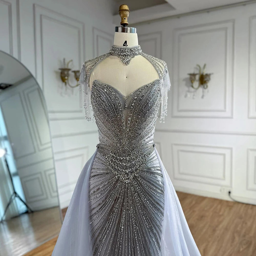 Nude Mermaid Tassel Beaded Evening Dress With Detachable Overskirt Custom