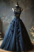 Vintage High Neck Tulle Lace Appliques Ball Gown,Navy Blue Birthday Prom Dress Quinceanera Dress Y8039