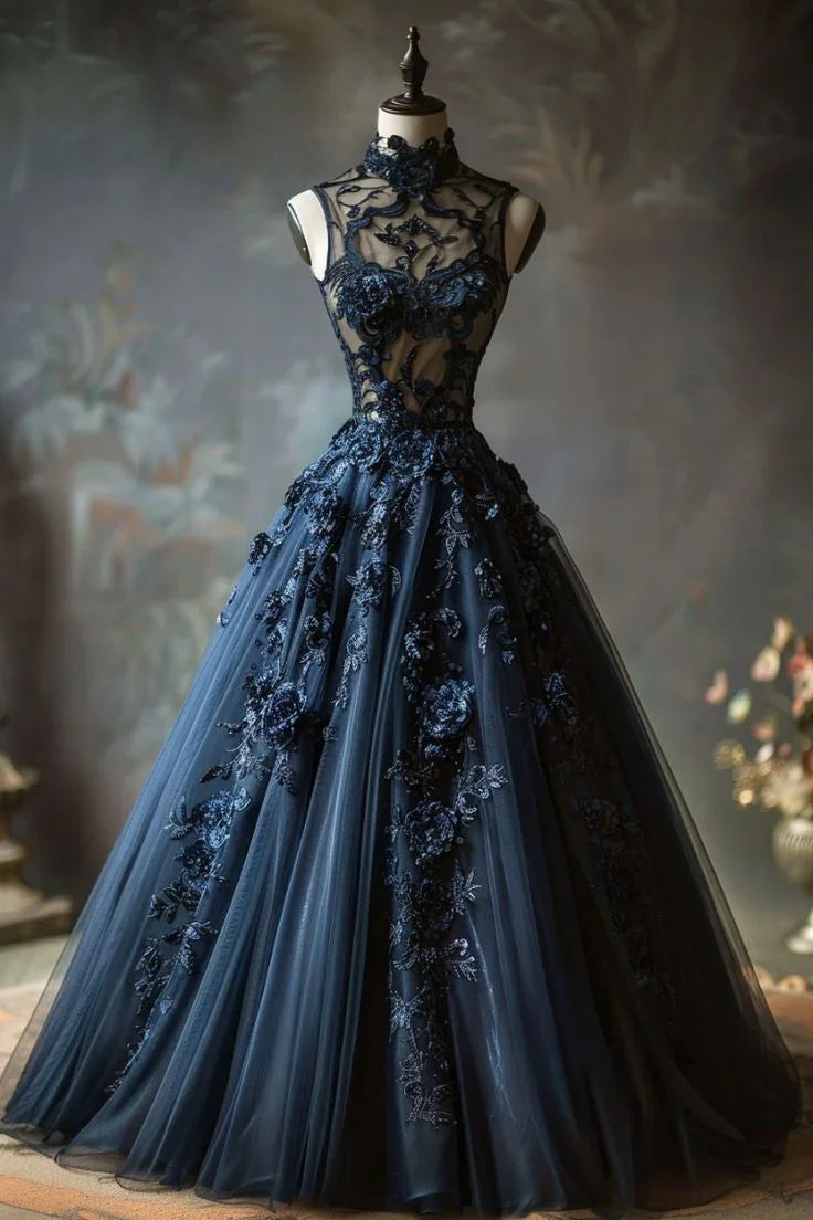 Vintage Ballkleid mit hohem Kragen, Tüllspitzenapplikationen, marineblau, Geburtstags- und Abschlussballkleid, Quinceañera-Kleid Y8039