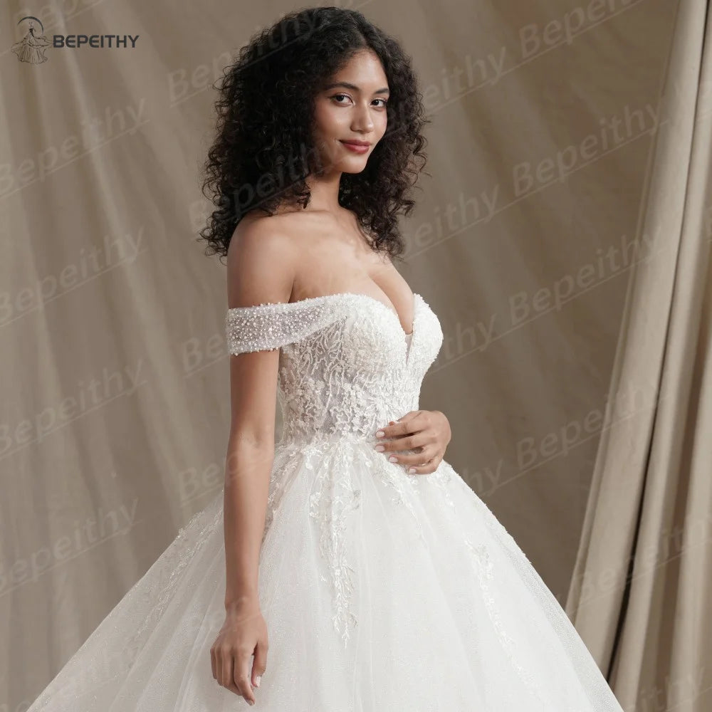 Customized Sweetheart Glitter Boho Wedding Dress Plus Size Ivory