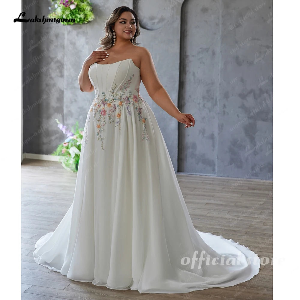 Custom Made Plus Size Strapless Wedding Gown With Lace Appliques