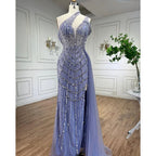 Lilac Halter Mermaid Beaded Formal Evening Dress For Women