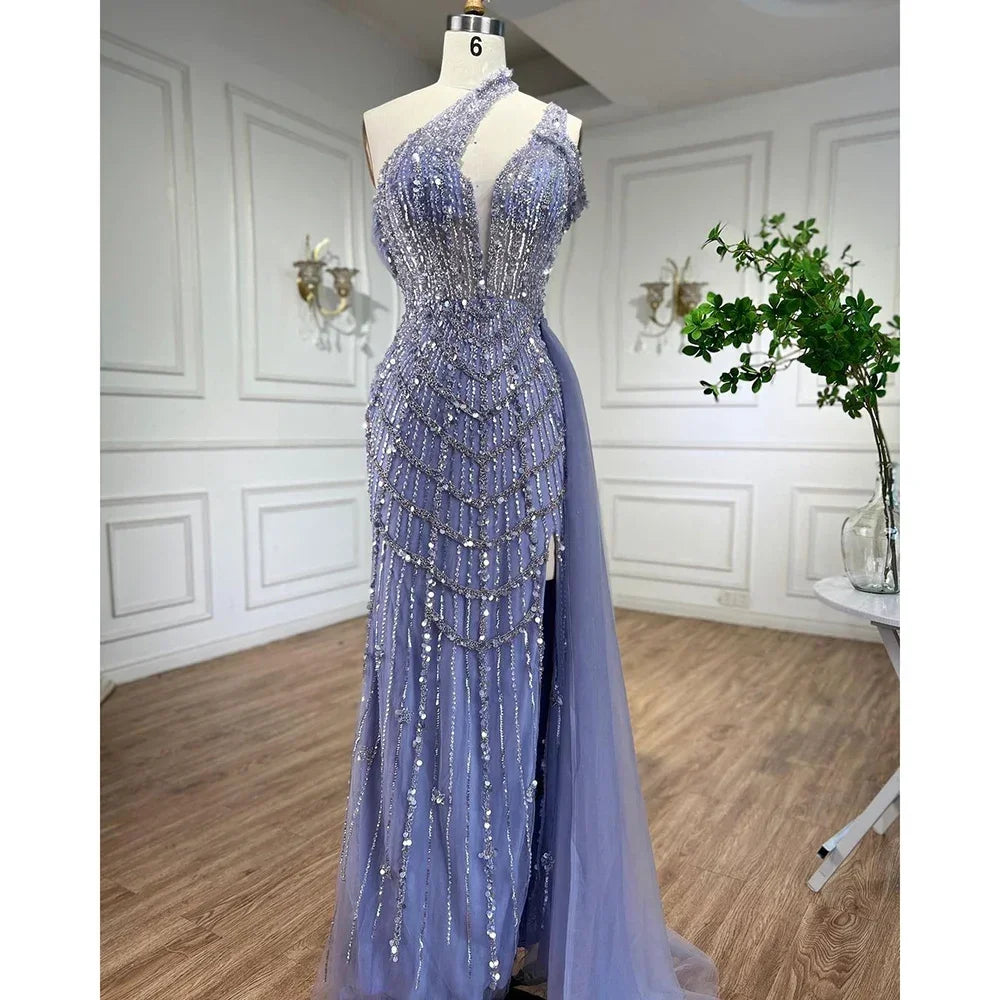 Lilac Halter Mermaid Beaded Formal Evening Dress For Women