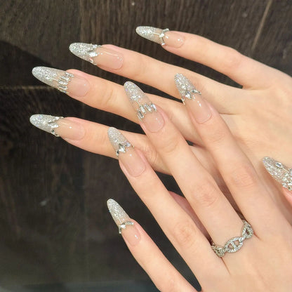 10 uñas postizas francesas con lentejuelas brillantes, punta a presión, rubor, almendra larga, brillo, decoración de diamantes, hechas a mano, de lujo. 
