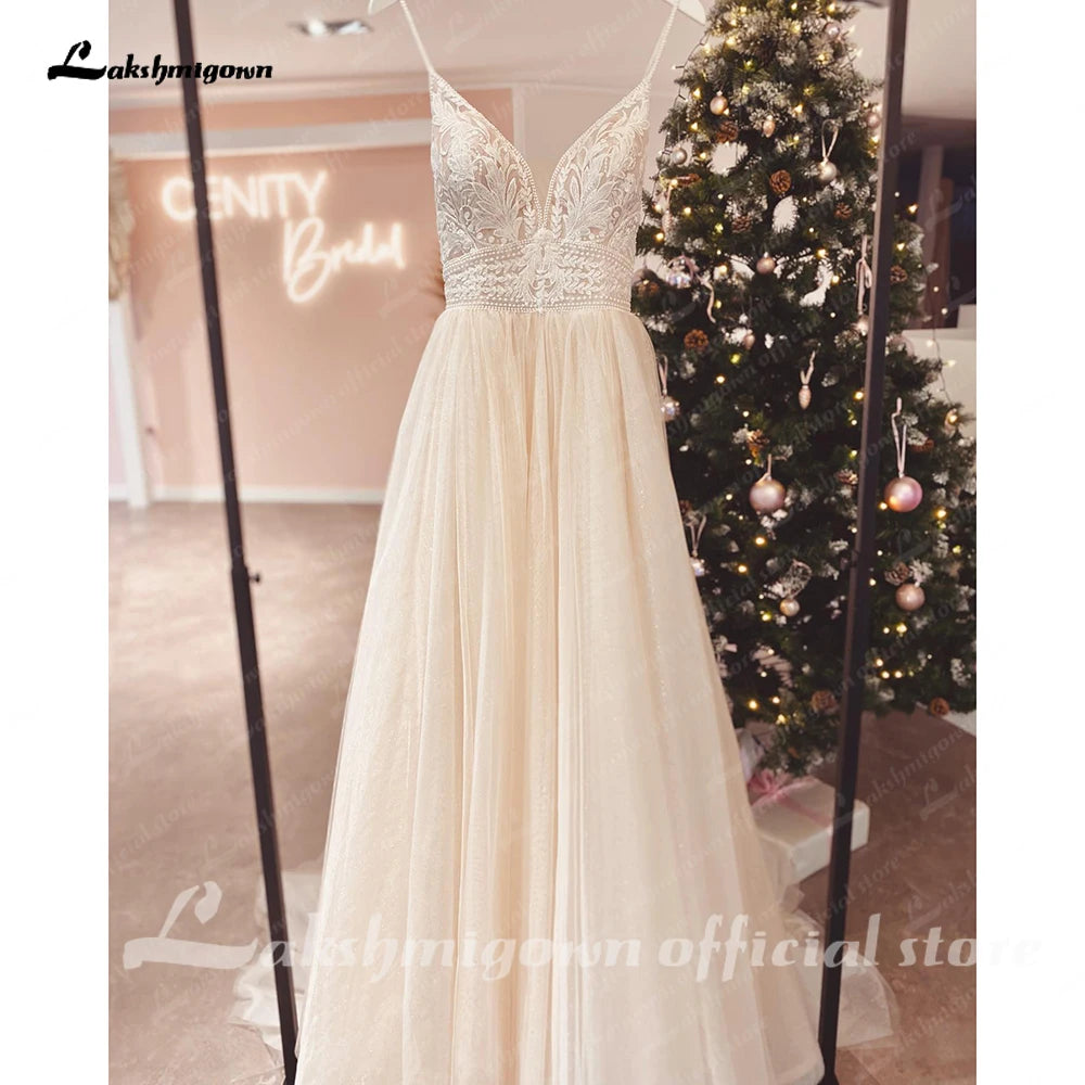 Custom Champagne Boho Wedding Dress For Women Spaghetti Strap Bridal Gown