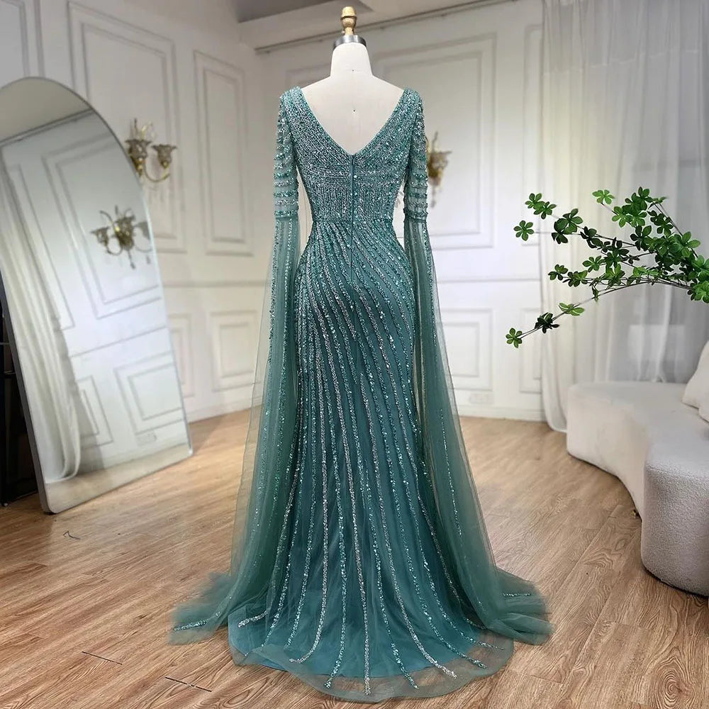 Turquoise Beaded Mermaid Evening Gown Sweetheart Overskirt Party Dress Women