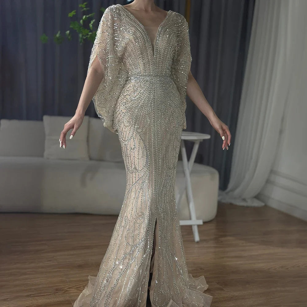 Serene Hill Nude V-Neck Mermaid Beaded Evening Dress Wedding Gown 2025 Customized