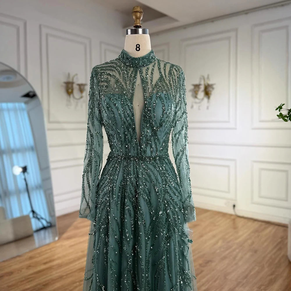 Custom Turquoise A Line Evening Dress With Beaded High Neck Formal Gown