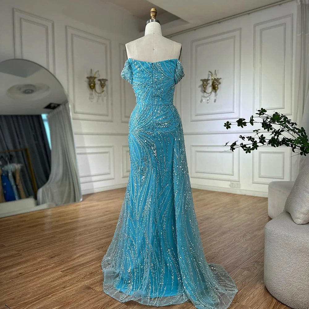 Light Blue Off Shoulder Mermaid Evening Dress Custom Beaded Party Gown Women