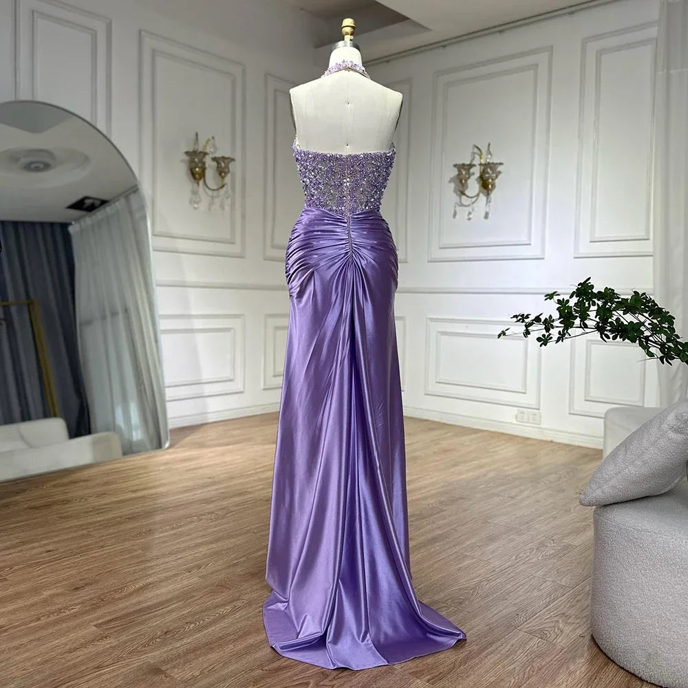 Custom Lilac Halter Mermaid Evening Gown Side Slit Wedding Bridesmaid Dress