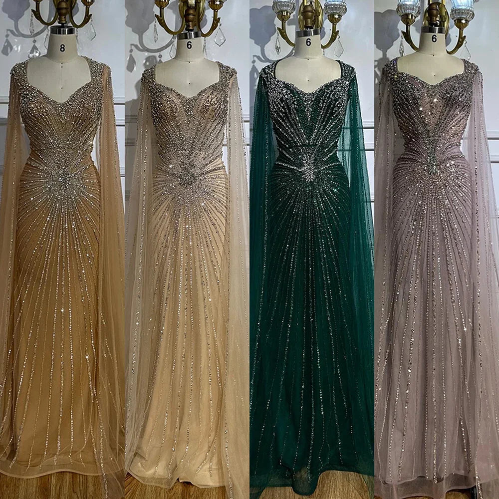 Dubai Luxury Nude Cape Sleeves Beaded Evening Dress LA72575A