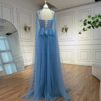 Luxury Blue Sequin Beaded Evening Dress with Cape Sleeves LA73108