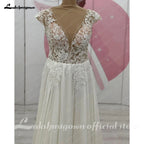 Lakshmigown Cap Sleeve Lace V Neck Backless Beach Wedding Dress