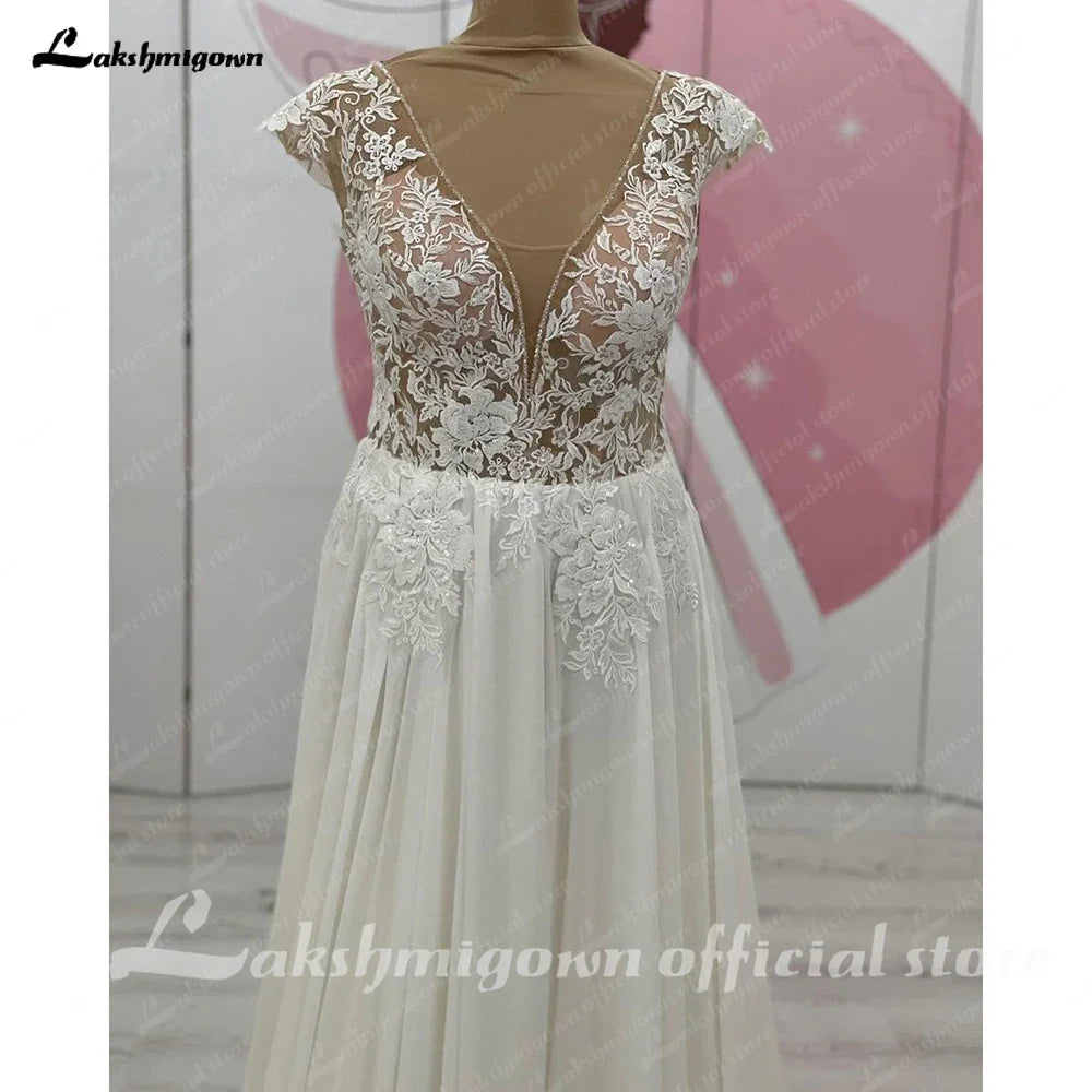Lakshmigown Cap Sleeve Lace V Neck Backless Beach Wedding Dress