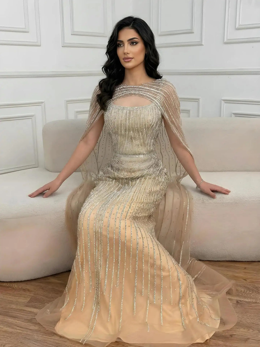 Luxury Blue Diamond Evening Dress With Cape LA73426