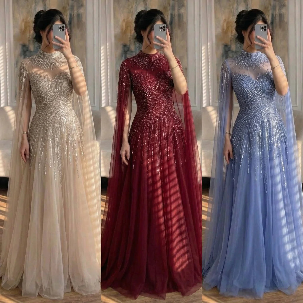 Serene Hill Burgundy High Neck Cape Sleeve A Line Evening Dress For Women