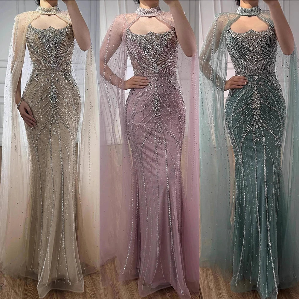 Pink Strapless Mermaid Evening Dress With Cape Beaded Custom Wedding Gown