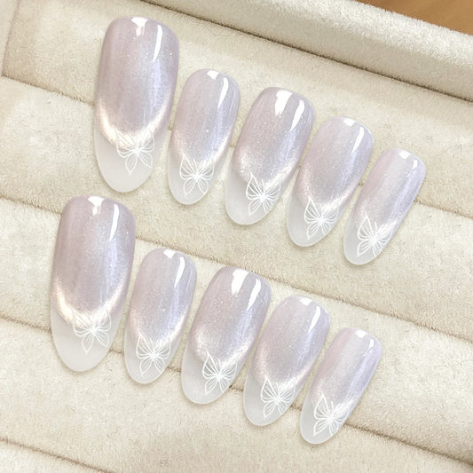 10 uñas postizas de almendra hechas a mano, con diseño de ojo de gato, color blanco, estilo francés, desmontables, para mujer. 