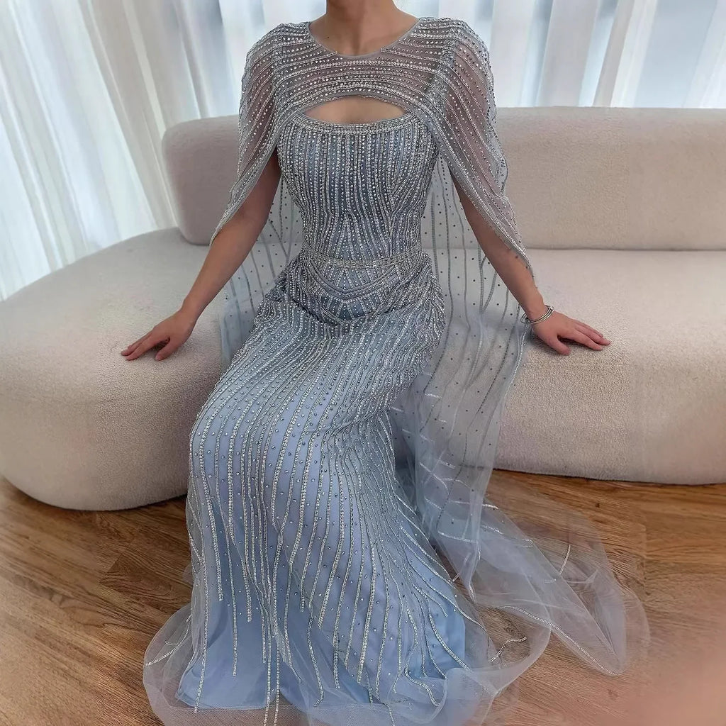 Luxury Blue Diamond Evening Dress With Cape LA73426