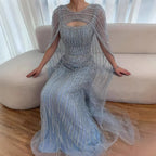 Luxury Blue Diamond Evening Dress With Cape LA73426