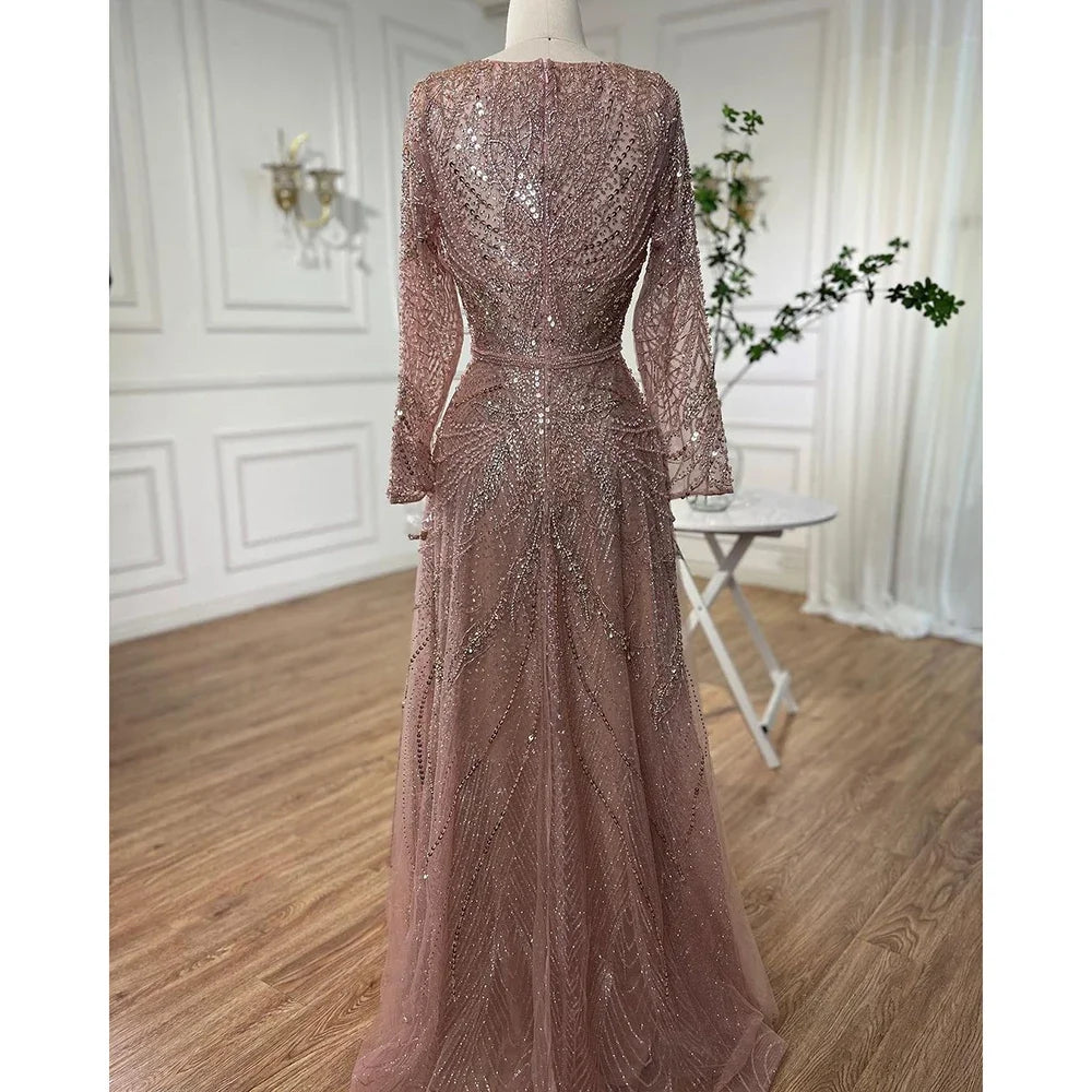 Custom Rose Gold Long Sleeves A Line Beaded Evening Mother Of The Bride Dress