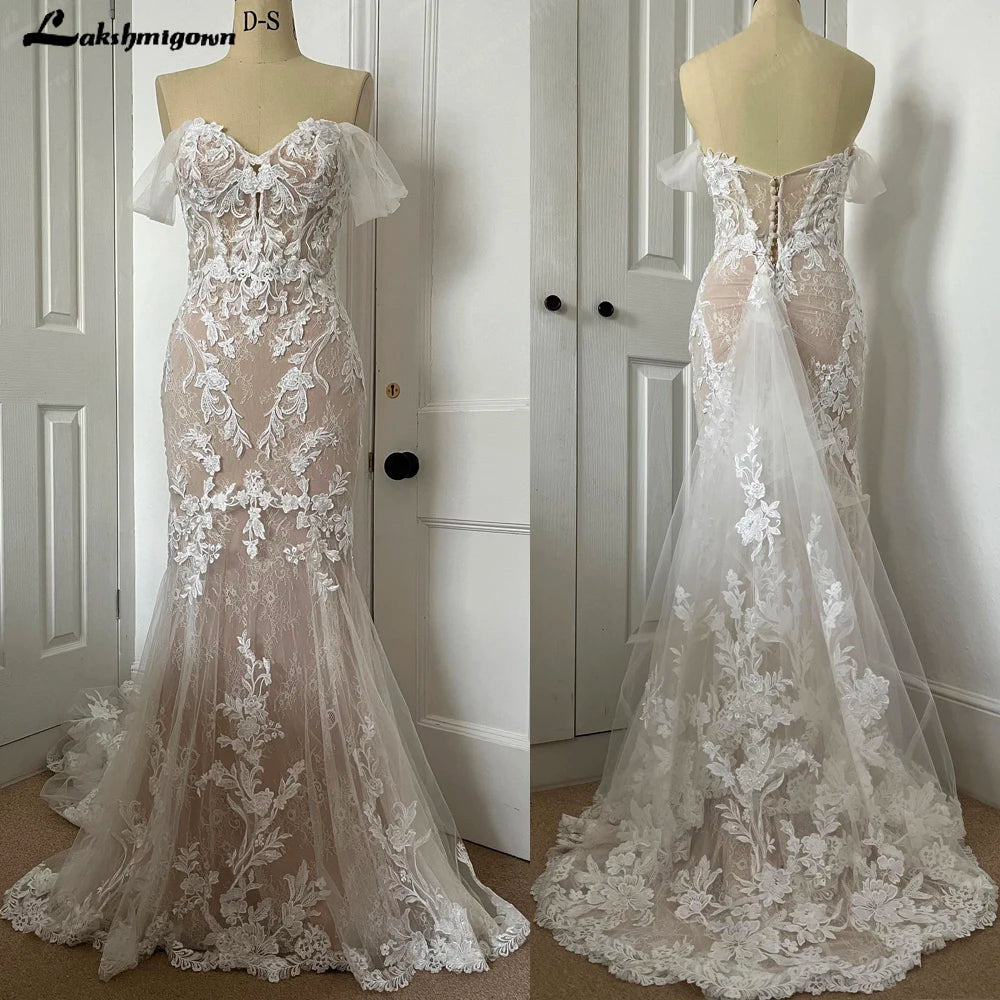 Lakshmigown Off Shoulder Lace Appliques Bride Champagne Custom Wedding Gown