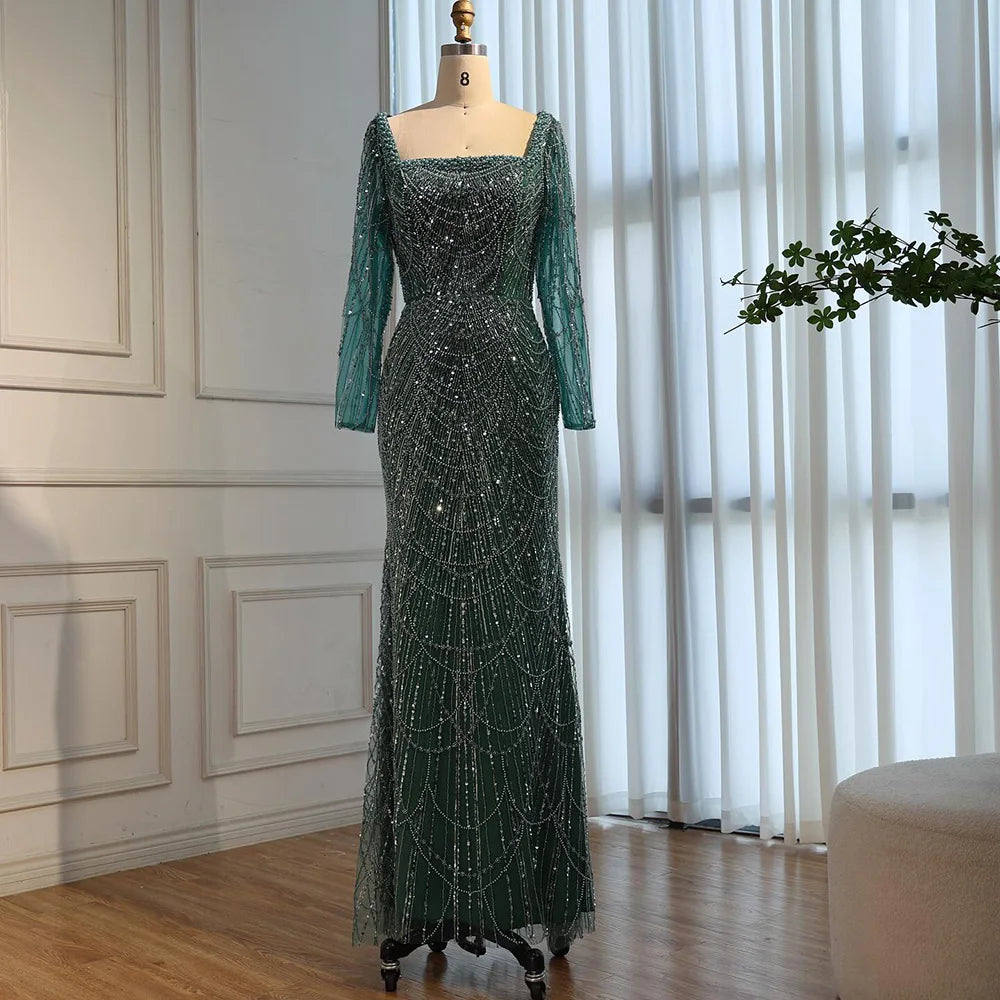 Green Square Neck Long Sleeve Mermaid Pearl Beaded Evening Party Gown Custom