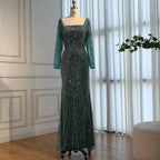 Green Square Neck Long Sleeve Mermaid Pearl Beaded Evening Party Gown Custom