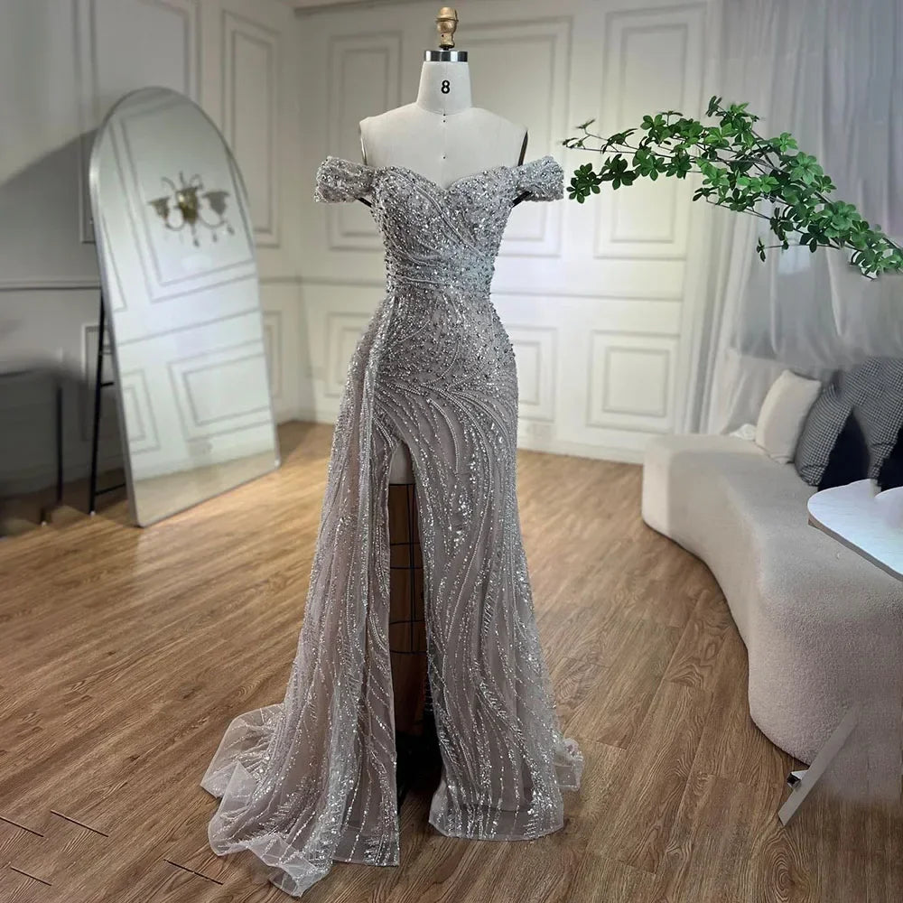 Light Blue Off Shoulder Mermaid Evening Dress Custom Beaded Party Gown Women