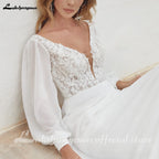 Custom Chiffon Wedding Dress V Neck A Line Bridal Gown With Puff Sleeves
