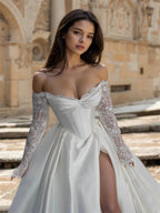 Custom Off Shoulder Satin A Line Wedding Gown Lace Up Back Side Slit
