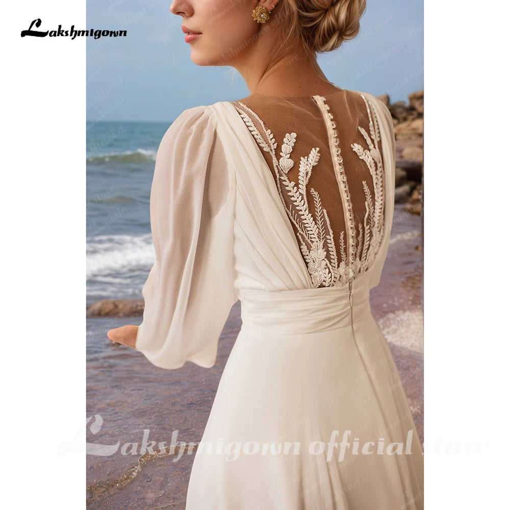 Lakshmigown A Line Chiffon Wedding Dress Puff Sleeve Illusion Back Customized