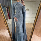 Pink Long Sleeve High Neck Mermaid Beaded Evening Gown With Cape For Women