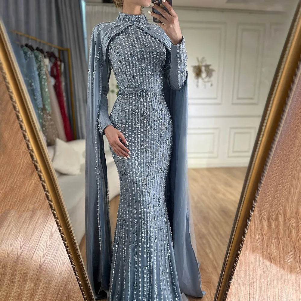 Pink Long Sleeve High Neck Mermaid Beaded Evening Gown With Cape For Women