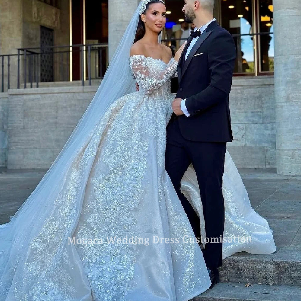 Custom High Collar Wedding Dress Featuring Beaded Applique Long Sleeves