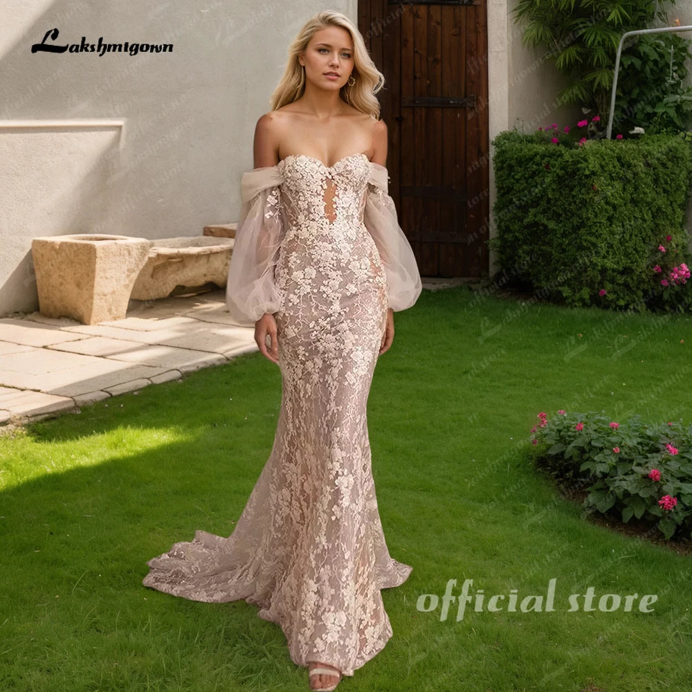 Custom Mermaid Wedding Dress Lantern Sleeves Beaded Tulle Chapel Train
