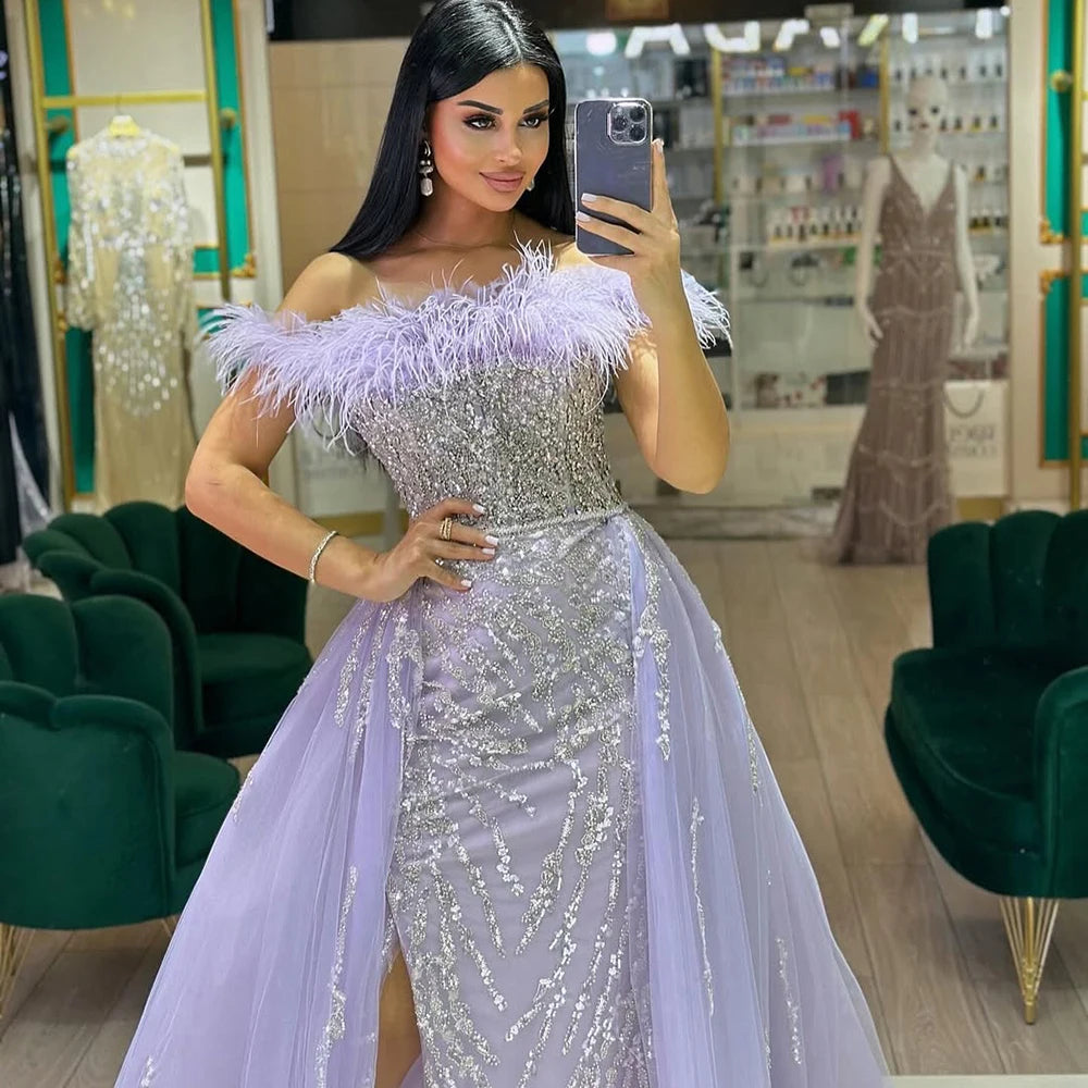 Custom Yellow Feather Beaded Mermaid Evening Dress With Overskirt Side Slit